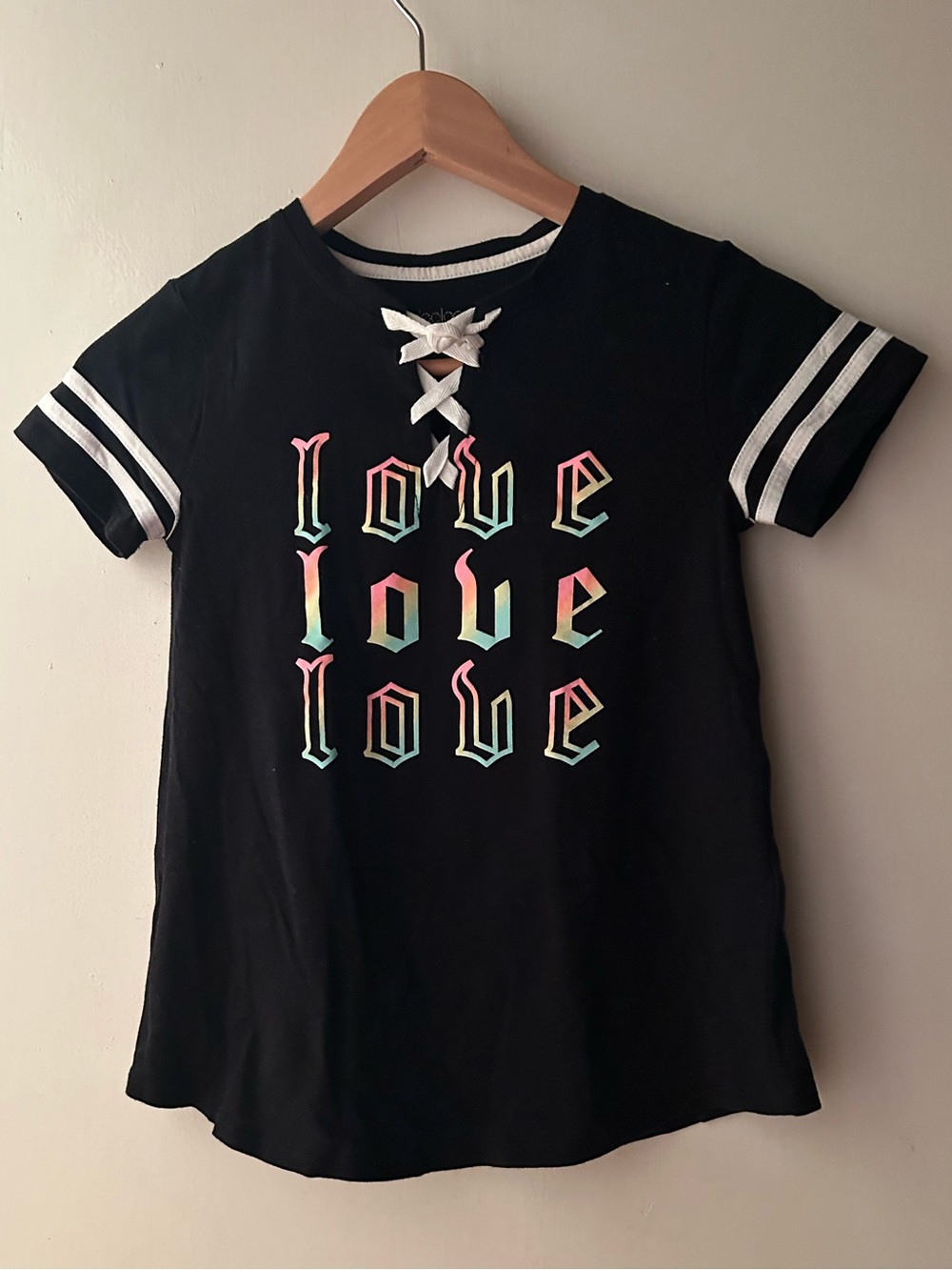 3/$20 Ideology Black Short-Sleeve Lace-Up Tee with Rainbow 'LOVE' Print